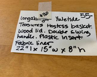 #120	Longaberger basket yuletide treasure hostess basket wood lid double swing handle 22x15x8	 $55.00 			