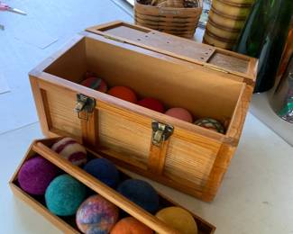 #126	wood tool box with tray  8x16x7 full of felt balls	 $35.00 			