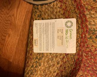 #076	oval  rag rng green world rugs in 2x72 rust, green cream	 $40.00 			