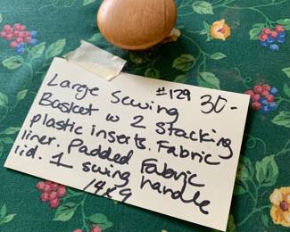 #129	Longaberger basket  large sewing basket w 2 stacking plastic insert fabric liner lid 14x9	 $30.00 			