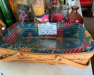 #111	Longaberger basket 1993 medium gathering basket sunrise fabric liner plastic insert double swing handles 18x12 	 $24.00 			