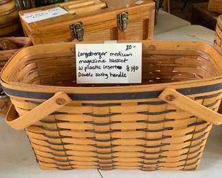 #140	Longaberger basket medium magazine basket w plastic insert double swing handle	 $20.00 			