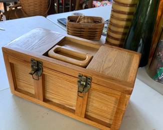 #126	wood tool box with tray  8x16x7 full of felt balls	 $35.00 			
