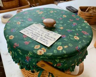 #129	Longaberger basket  large sewing basket w 2 stacking plastic insert fabric liner lid 14x9	 $30.00 			