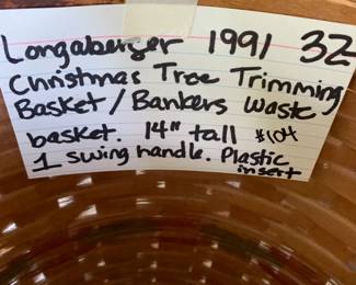 #104	Longaberger basket 1991 Christmas tree trimming basket with waste basket 14 tall 1 swing handle 	 $32.00 