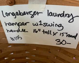 #105	Longaberger basket laundry hamper w 1 swing handle 16 inch x 15 round 	 $30.00 			