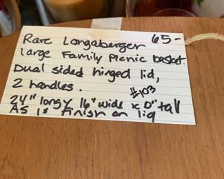 #103	Longaberger basket rare large family picnic basket dual sided hinged lid 2 handles 24 long 16 w 10 tall as is finish	 $65.00 			