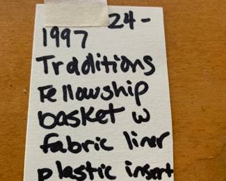 #101	Longaberger basket 1997 traditions fellowship basket w fabric liner plastic insert lid	 $24.00 			