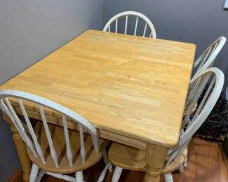 #088	wood top maple table with 4 white and maple chairs  48x38x30 as is chair	 $150.00 