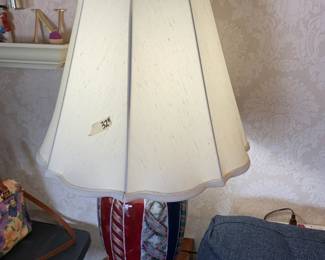 #048	ceramic lamp with wood base 32 inch tall  painted blue mauve 48 tall pair	 $150.00 			