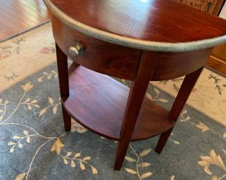 #049	1/2 moon table wood and silver 1 drawer 24x13x28	 $100.00 