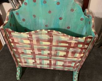 #065	painted magazine stand with handle 14x9x21	 $24.00 	   	 	