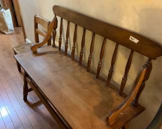 #067	wood bench with spindle back  as is crack 39 wide	 $75.00 			
