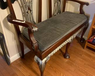 #064	silver painted bench with cushion 48 long with ball claw feet	 $100.00 			