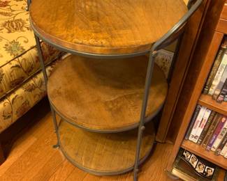 #071	3 shelf metal with lift off wood shelves 16 round 29 tall	 $130.00 			