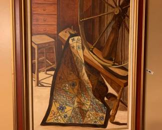 #083	Mary Hall original oil of spinning wheel and rug 33x44 framed	 $175.00 
