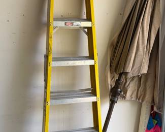 Fiberglass ladder, patio umbrella