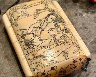 19th Century Endo Japanese Signed Bone Inro Bird scenery Erotic Scene Stacker