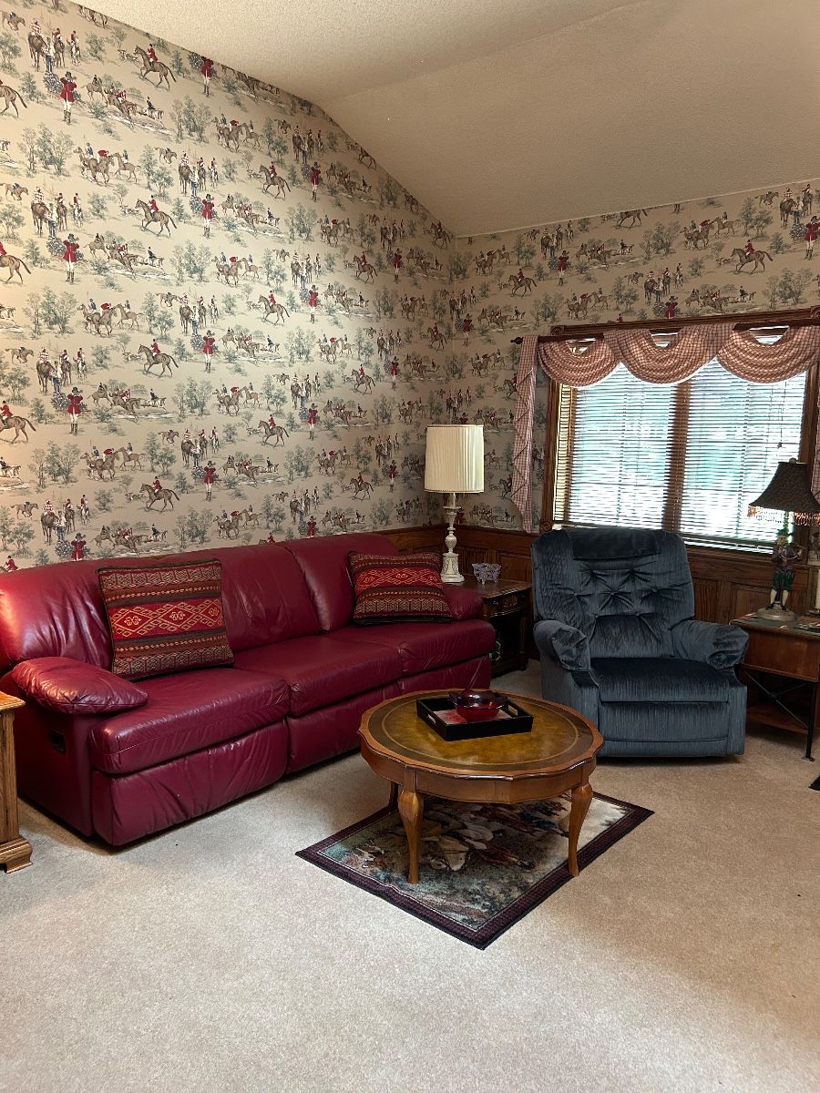 Faux leather sofa, upholstered recliner, equestrian decor
