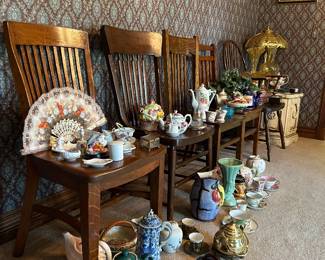 Teapots, Tchotchkes, Mission style chairs, Vases