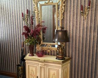 French country entry table, brass umbrella holder, Baroque mirror, Equestrian lamp