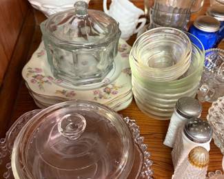Milk glass, decorative china, glassware, cobalt shakers