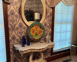 French Provincial entry table, Large oval mirror