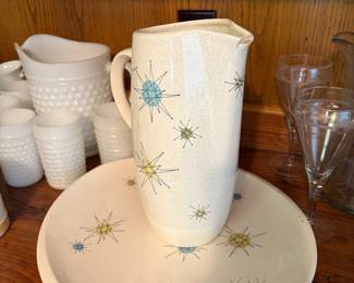 Hobnail milk glass, Atomic starburst pitcher, plates