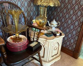 Miller Lamp Company, Brass and slag glass shade lamp, Decorative dishes, Side table, Vases