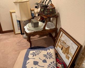 Side table, framed painting, rugs