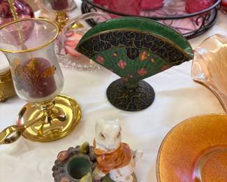 Votives, pink glassware, Victorian calling card holder