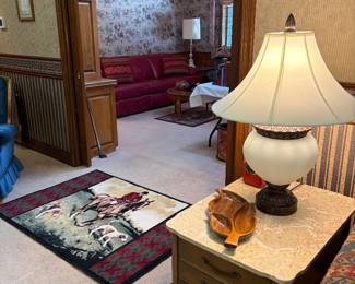 Side tables, equestrian rug, table lamps