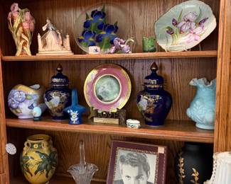 Decorative cabinet plates, cobalt finger jars, Fenton baskets