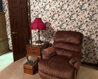 Upholstered recliner, Side tables, Brass lamp