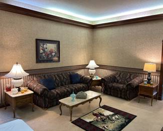 Southwestern style furniture, marble top coffee table and side tables, table lamps