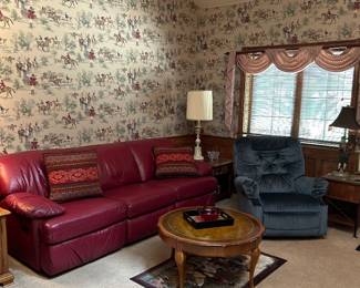 Faux leather sofa, upholstered recliner, equestrian decor
