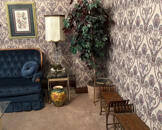 Glass side table, Metal bench seat, Faux tree, Table lamp