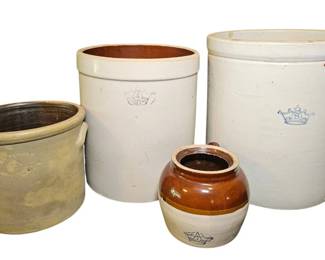 Collection of 4 Vintage Stoneware Crocks Robinson Ransbottom E.L. Farrar Iberville