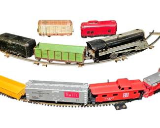 Vintage Train Collection Lot TYCO HO Scale Boxed Cars, 241C Locomotive Hafner WindUp OGauge Set