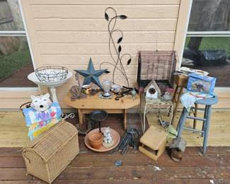 Massive Garden Decor Lot Wooden Bench Metal Tables, Birdbath, Feeders Accents