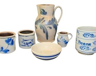 Vintage Cobalt Blue Salt Glazed Stoneware Rowe Pottery, Salmon Falls, Roseville Fort Dodge