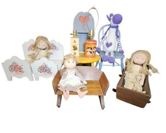 Vintage Antique Wooden Doll Furniture, Nursery Lamps Rag Dolls