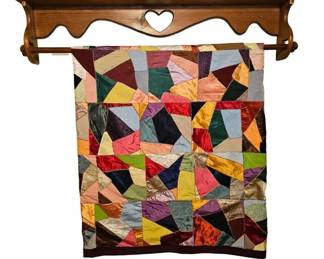 Quilters Satin Velvet Crazy Quilt, 2 Unfinished Quilt Tops Wooden Display Rack