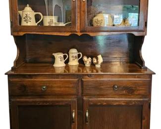 Early American 2Piece Glass Hutch Buffet Cabinet