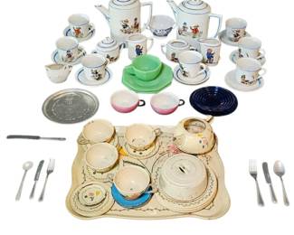 Childrens Tea Set Lot German Porcelain, Jadeite, Cobalt Glass More