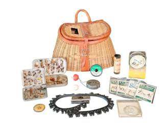 Vintage Wicker Fly Fishing Creel Basket Lot with L.L. Bean Leaders, Line, Split Shot Flies