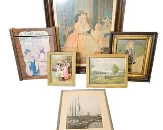 Eclectic Vintage Antique Framed Art Collection Renoir, Landscape, Nautical, Advertising