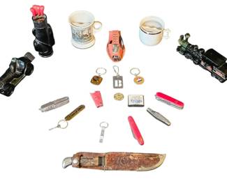 Vintage Mens Estate Variety Lot Pontus Holmberg Buck Knives, Shaving Mugs Keychains
