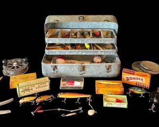 Vintage Galvanized Tackle Box Lot w MintInBox Bomber, Rare Creek Chub Skeleton Reel