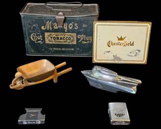 Premium Vintage Tobacciana Mega Lot Mayos Tin, SeaV Lighter, Chrysler Zippo More